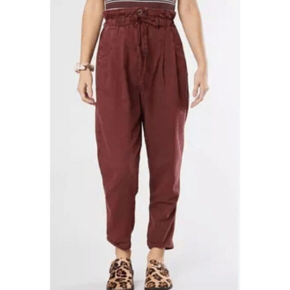 Free People Womens XS Margate Paperbag Pants Dark Red High Waist Cropped Slouchy - Picture 3 of 11